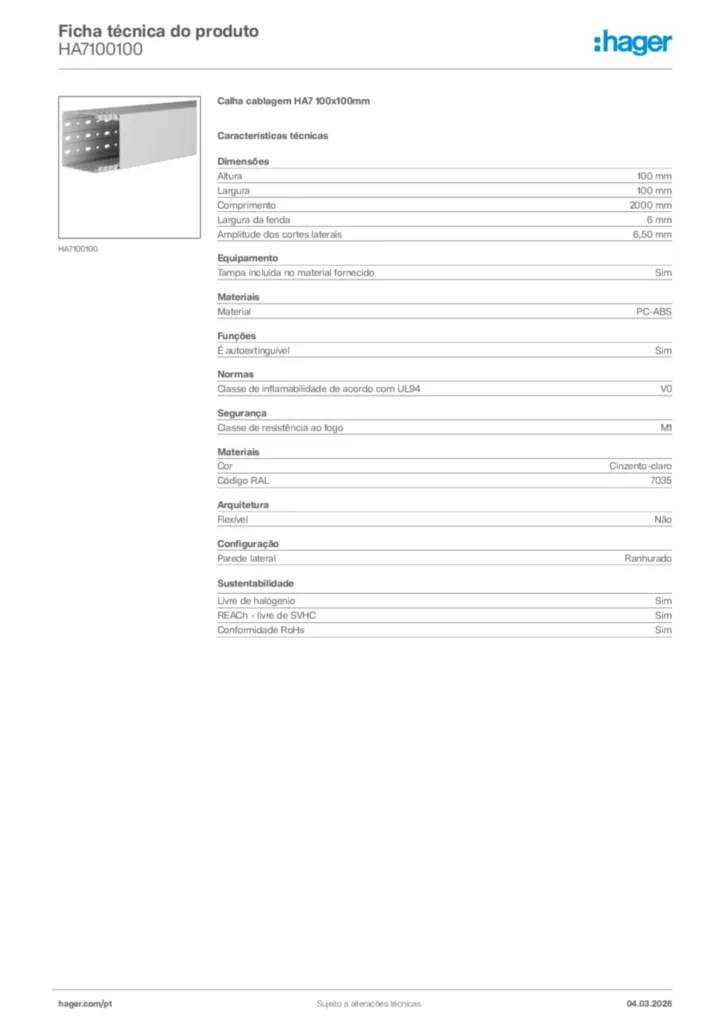 Imagem Hager Ficha técnica do produto HA7100100 | Hager Portugal