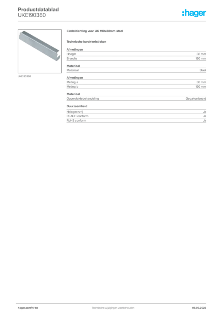 Afbeelding Hager Productdatablad UKE190380 | Hager Belgium