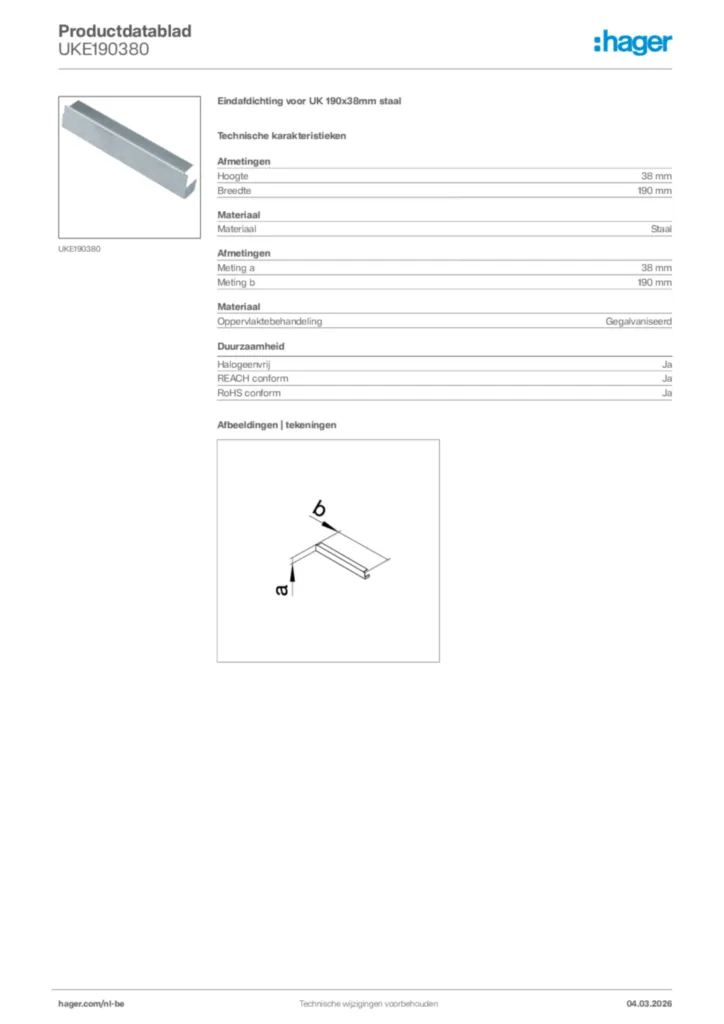 Afbeelding Hager Productdatablad UKE190380 | Hager Belgium