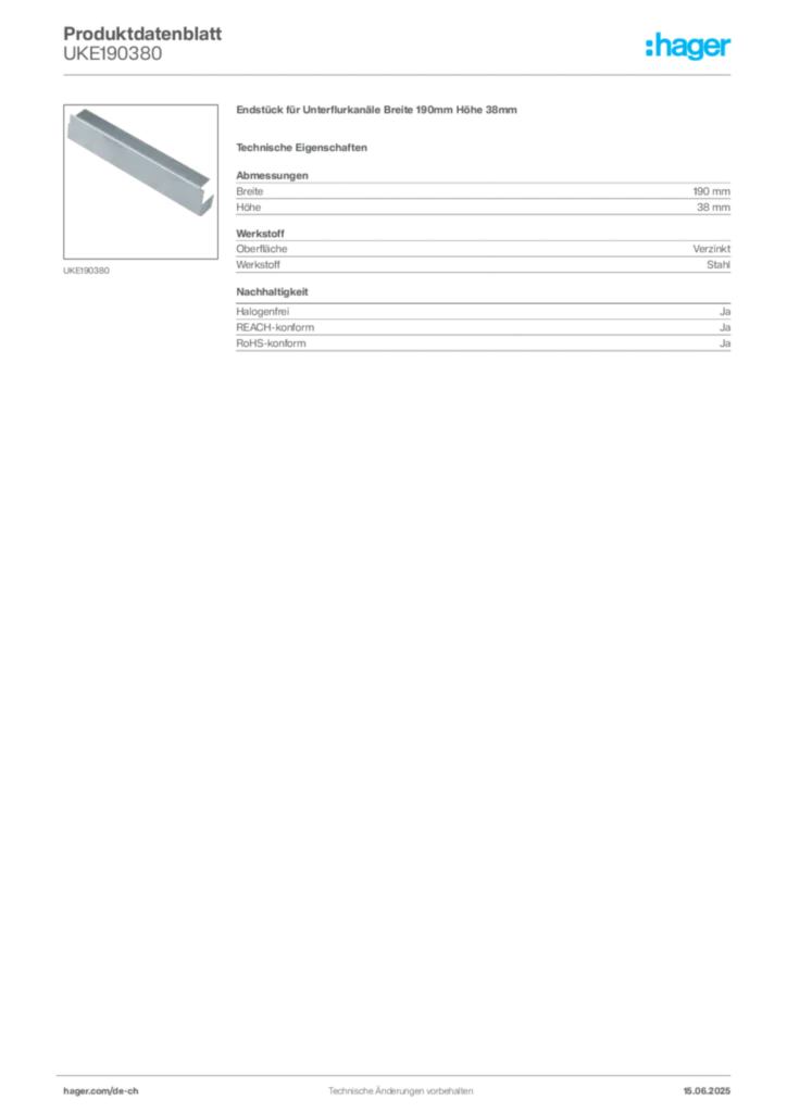 Bild Hager Produktdatenblatt UKE190380 | Hager Schweiz