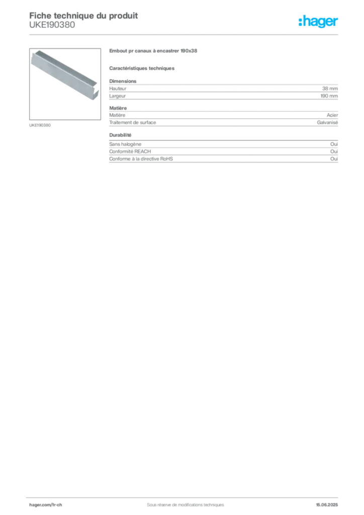 Image Hager Fiche technique du produit UKE190380 | Hager Suisse