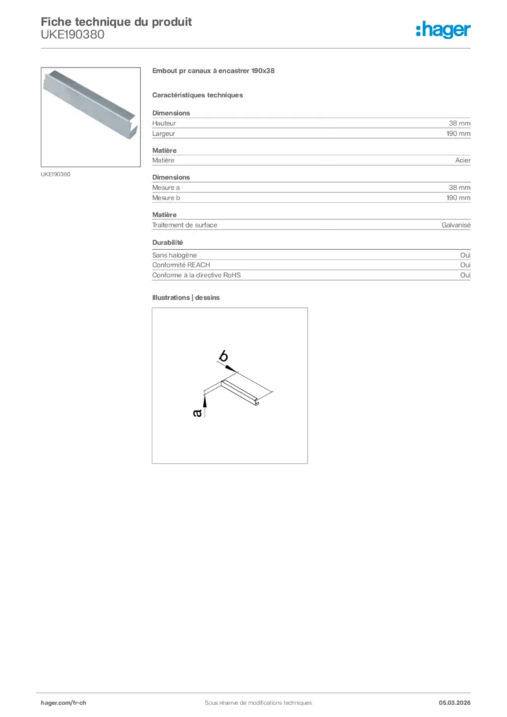 Image Hager Fiche technique du produit UKE190380 | Hager Suisse
