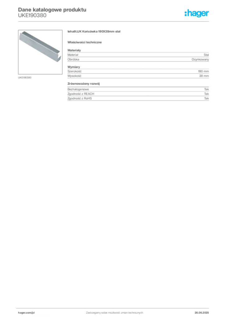 Zdjęcie Hager Dane katalogowe produktu UKE190380 | Hager Polska