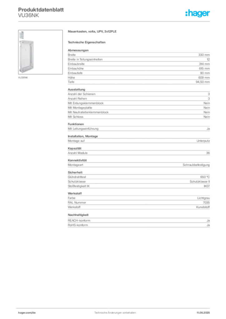 Bild Hager Produktdatenblatt VU36NK | Hager Deutschland