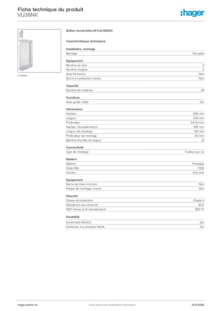 Image Hager Fiche technique du produit VU36NK | Hager Suisse