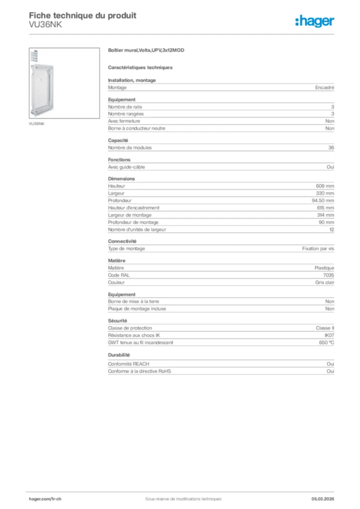 Image Hager Fiche technique du produit VU36NK | Hager Suisse