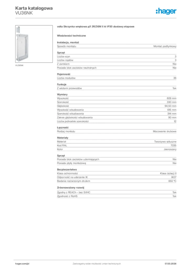 Zdjęcie Hager Karta katalogowa VU36NK | Hager Polska