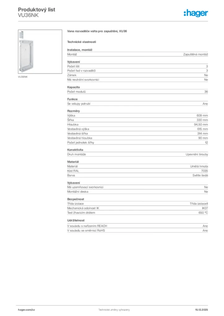 Obrázek Hager Produktový list VU36NK | Hager