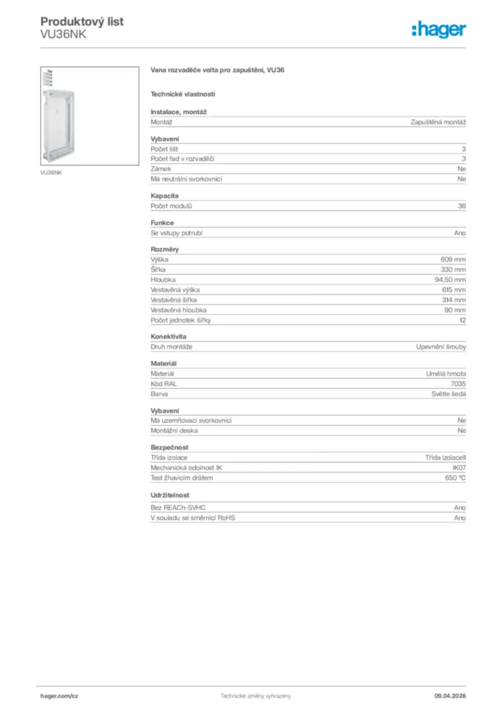 Obrázek Hager Product data sheet VU36NK | Hager