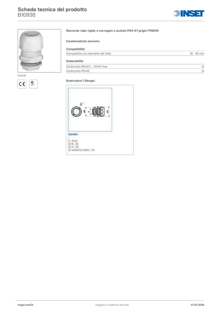 Immagine Inset Scheda tecnica del prodotto B10938 | Hager Italia