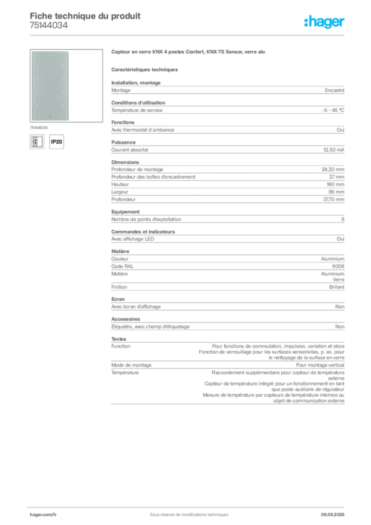 Image Hager Fiche technique du produit 75144034 | Hager France