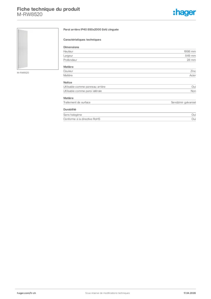 Image Hager Fiche technique du produit M-RW8520 | Hager Suisse