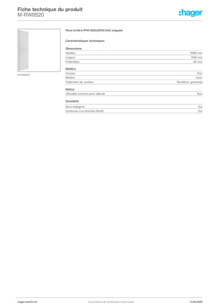 Image Hager Fiche technique du produit M-RW8520 | Hager Suisse