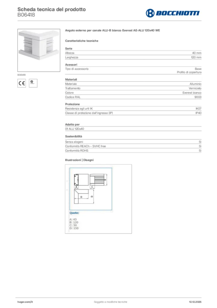 Immagine Bocchiotti Scheda tecnica del prodotto B06418 | Hager Italia