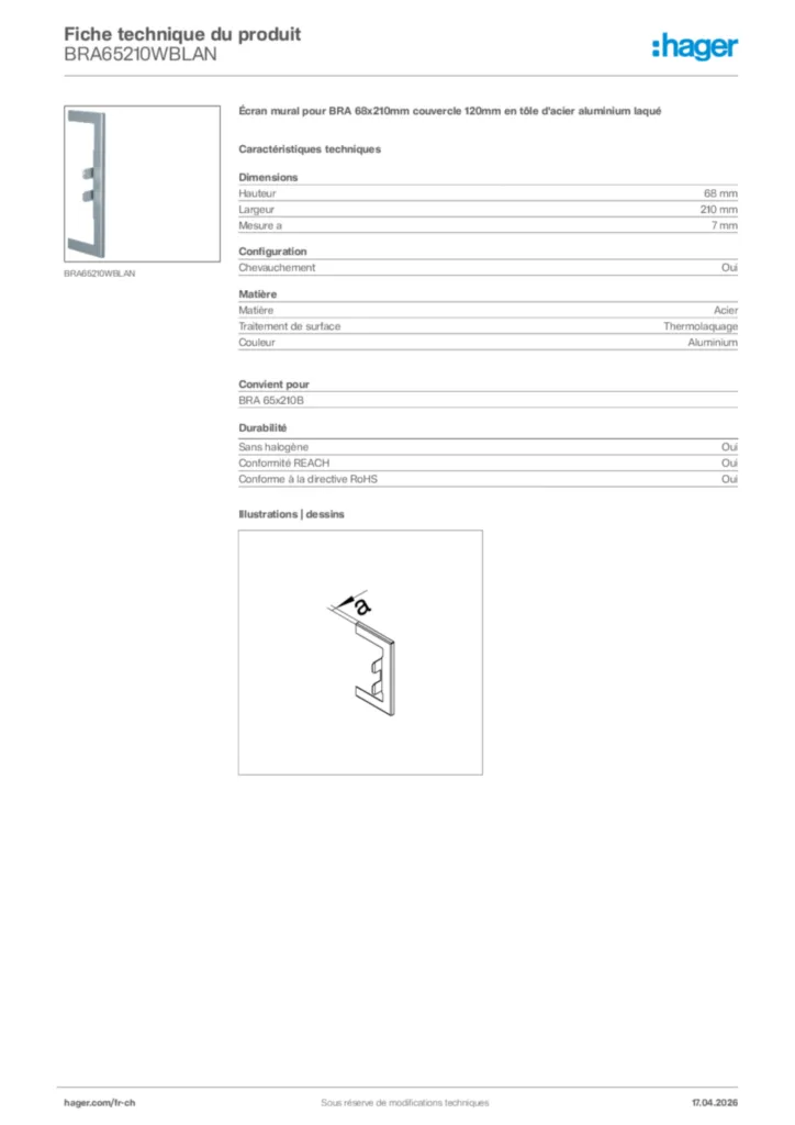 Image Hager Fiche technique du produit BRA65210WBLAN | Hager Suisse