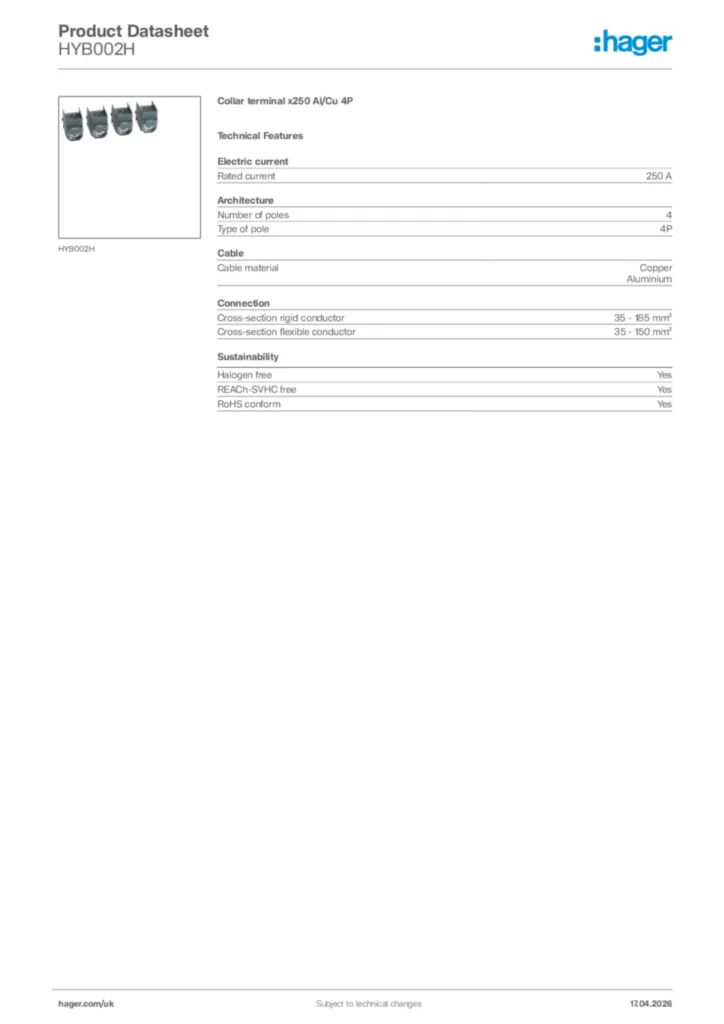 Image Hager Product data sheet HYB002H  | Hager