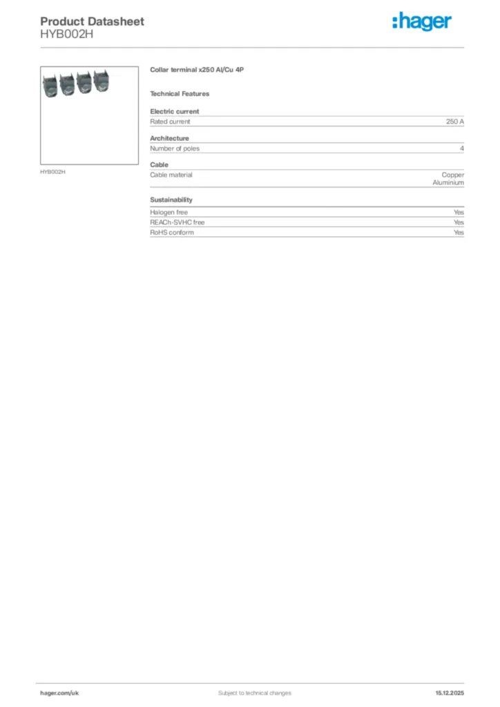 Image Hager Product data sheet HYB002H  | Hager