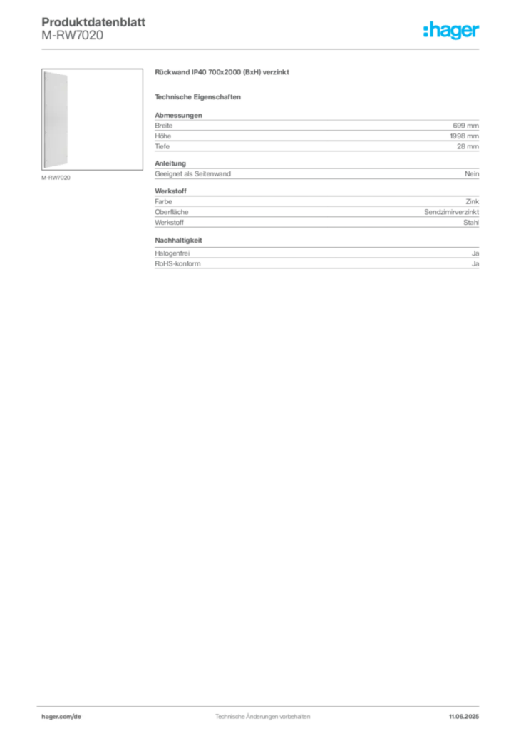 Bild Hager Produktdatenblatt M-RW7020 | Hager Deutschland