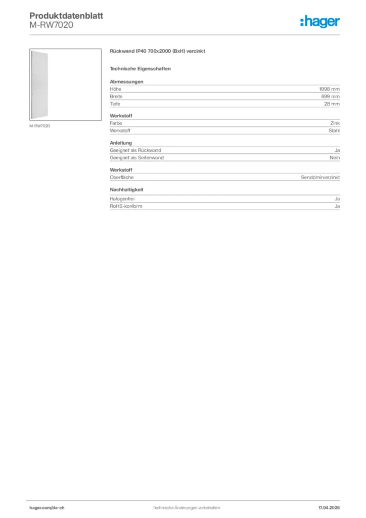 Bild Hager Produktdatenblatt M-RW7020 | Hager Schweiz