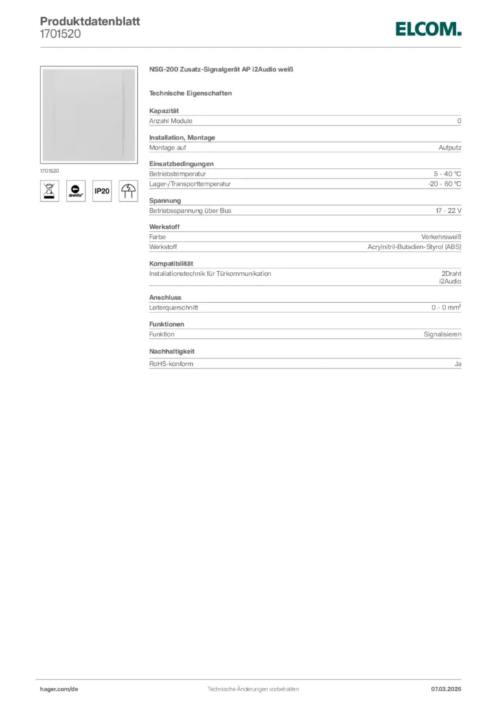 Bild Elcom Produktdatenblatt 1701520 | Hager Deutschland