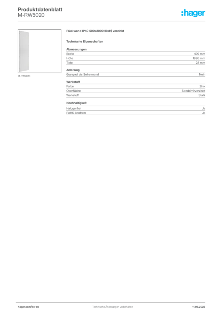 Bild Hager Produktdatenblatt M-RW5020 | Hager Schweiz