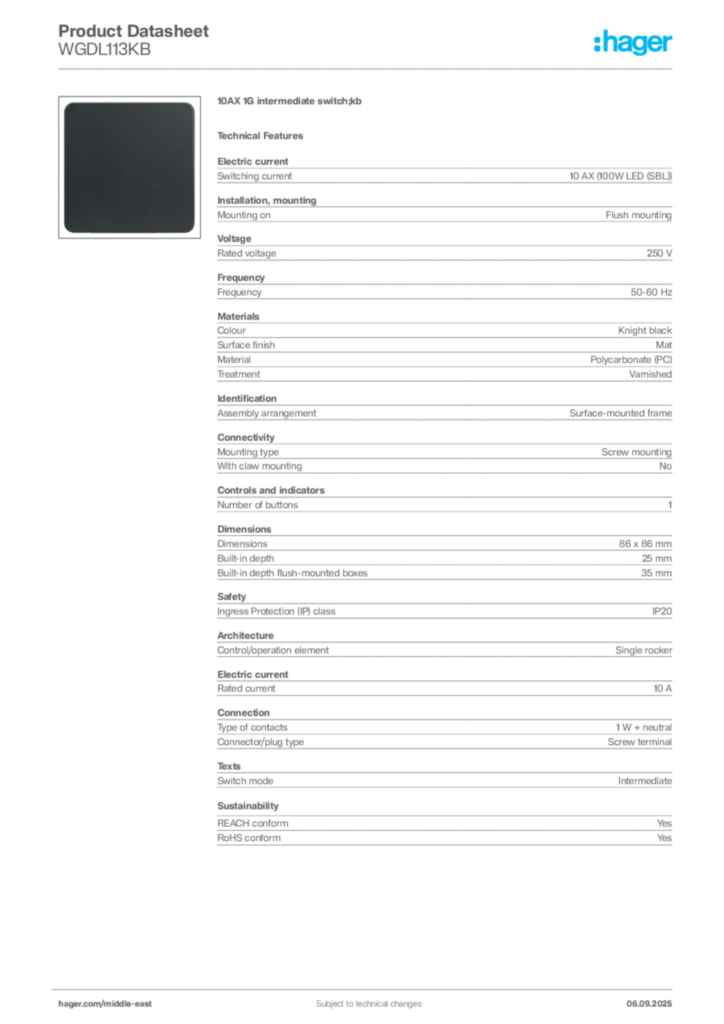Image Hager Product data sheet WGDL113KB  | Hager