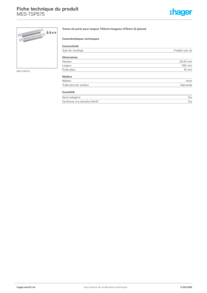 Image Hager Fiche technique du produit MES-TSP575 | Hager Suisse