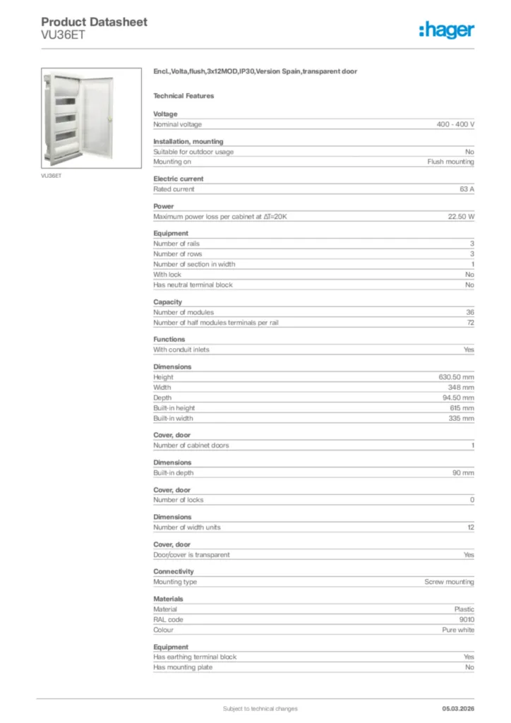Image Hager Product data sheet VU36ET  | Hager Africa