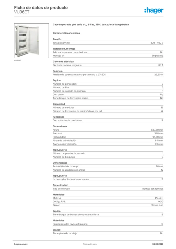 Imagen Hager Ficha de datos de producto VU36ET | Hager España