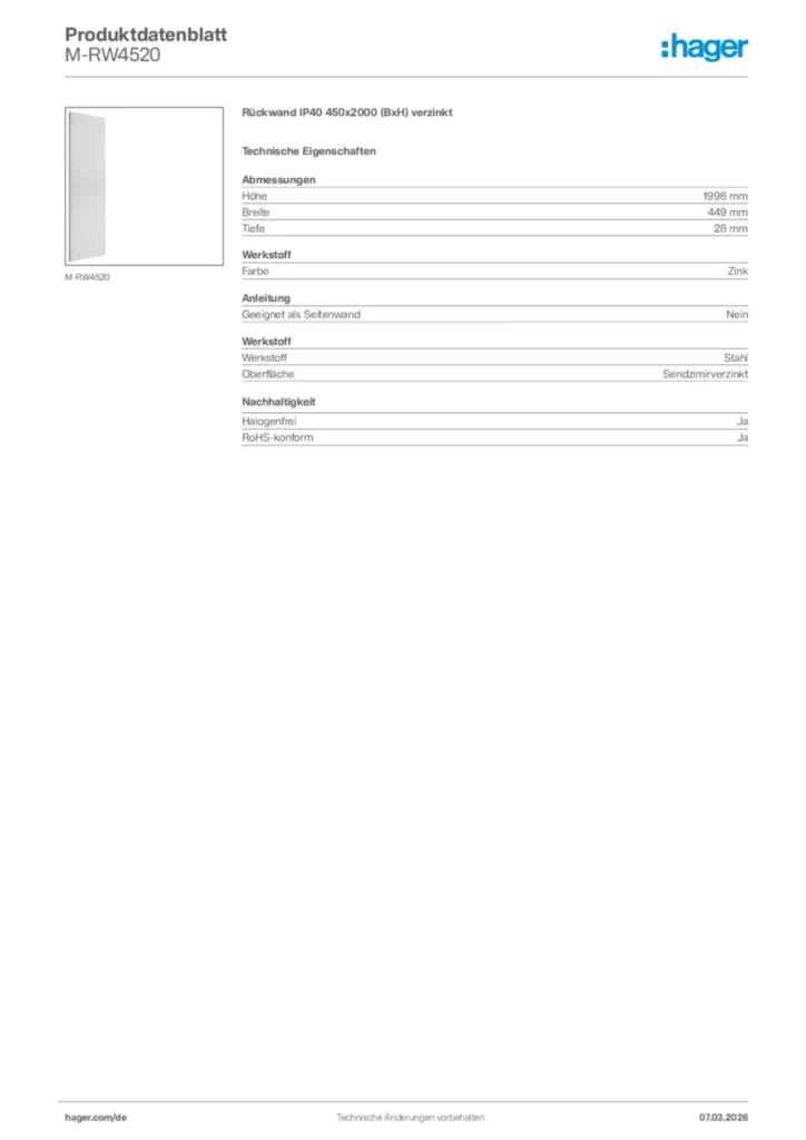 Bild Hager Produktdatenblatt M-RW4520 | Hager Deutschland