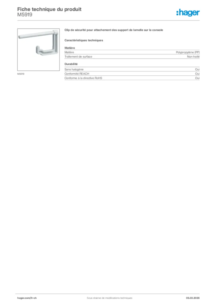 Image Hager Fiche technique du produit M5919 | Hager Suisse