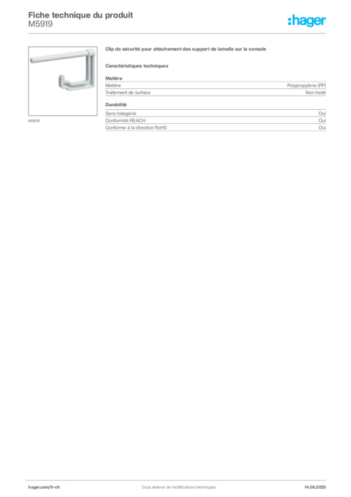Image Hager Fiche technique du produit M5919 | Hager Suisse