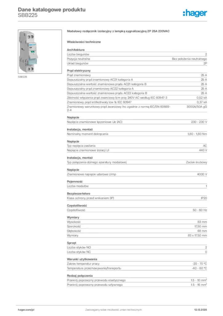 Zdjęcie Hager Dane katalogowe produktu SBB225 | Hager Polska
