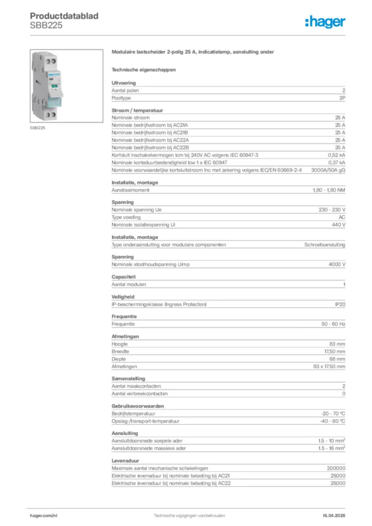 Afbeelding Hager Productdatablad SBB225 | Hager Nederland