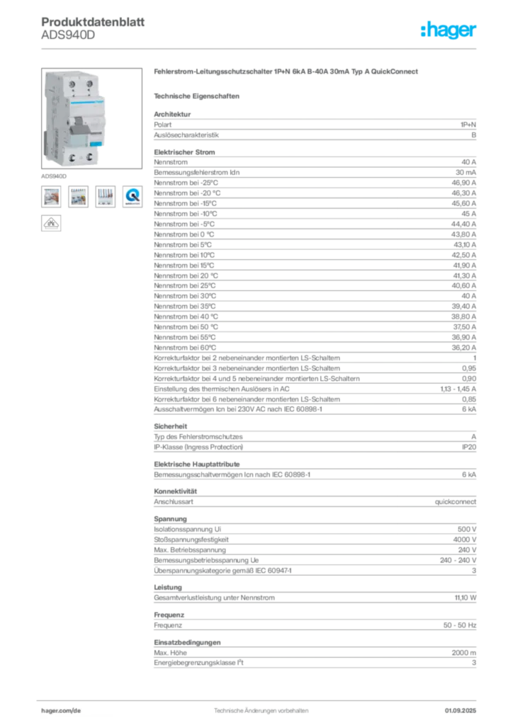 Hager Produktdatenblatt ADS940D