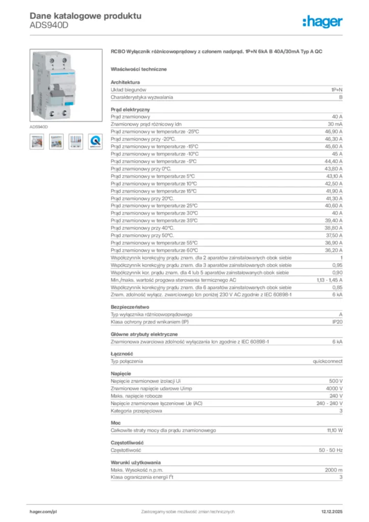 Zdjęcie Hager Dane katalogowe produktu ADS940D | Hager Polska