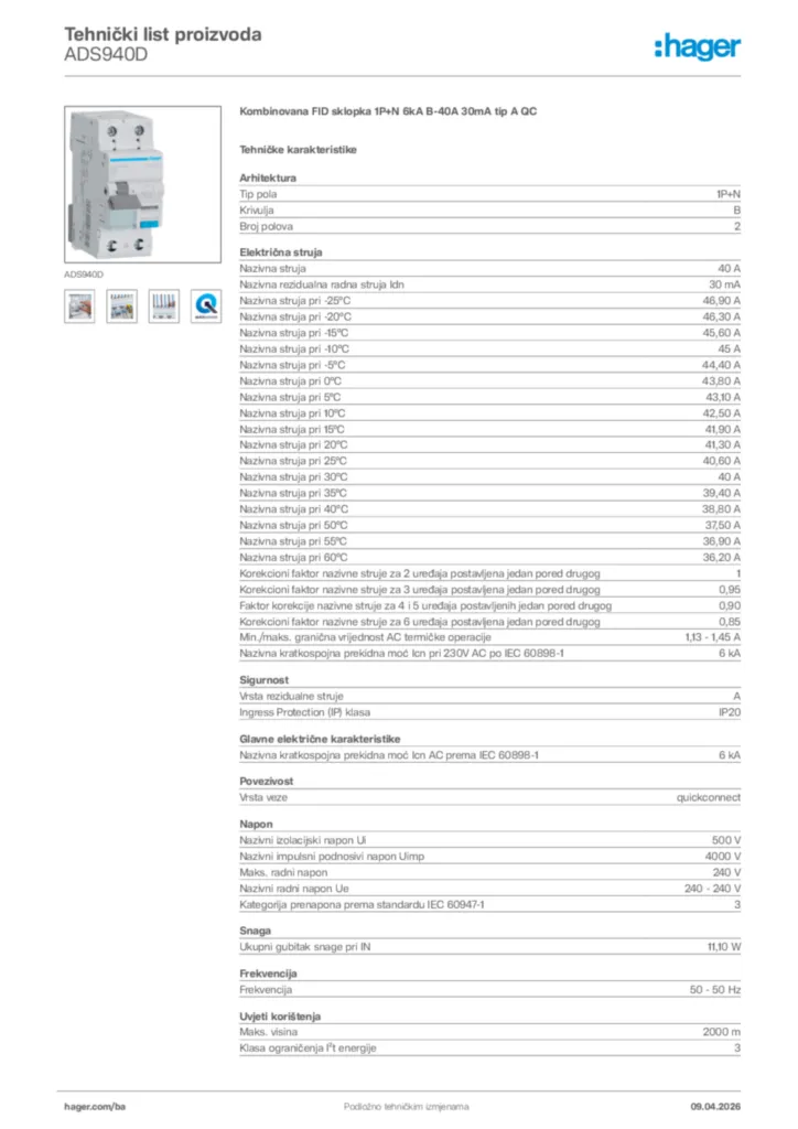 Slika Hager Tehnički list proizvoda ADS940D  | Hager