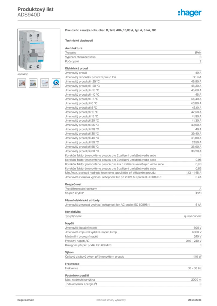 Obrázek Hager Product data sheet ADS940D | Hager