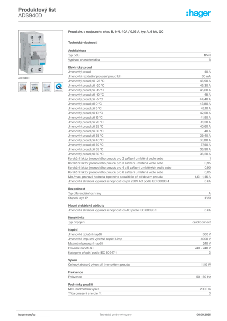 Obrázek Hager Produktový list ADS940D | Hager