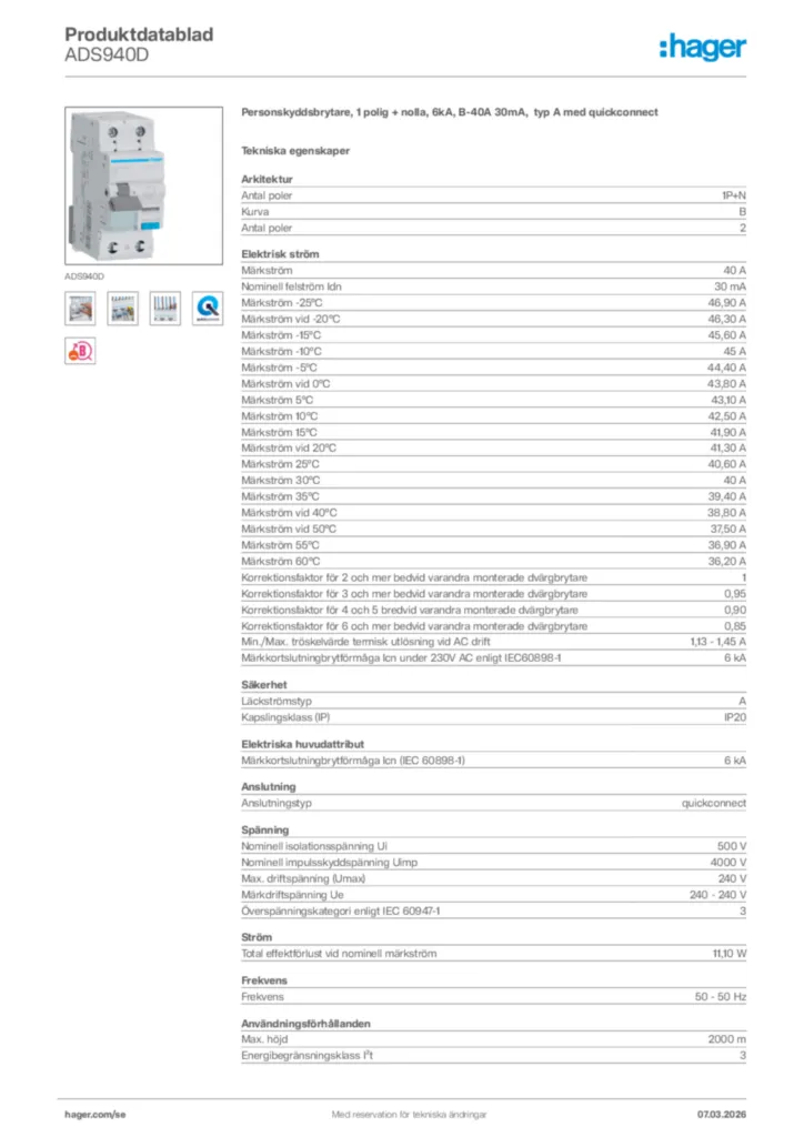 Bild Hager Produktdatablad ADS940D | Hager Sverige