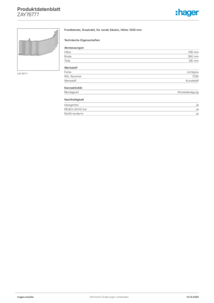 Bild Hager Produktdatenblatt ZAY76777 | Hager Deutschland