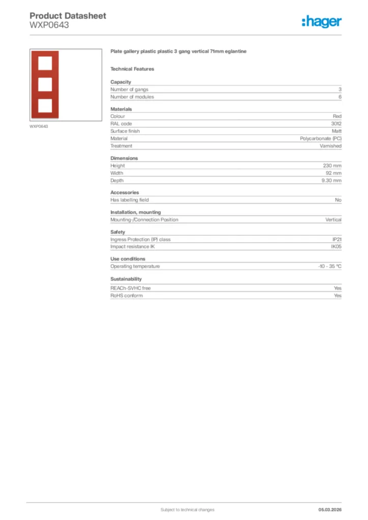 Image Hager Product data sheet WXP0643  | Hager Africa