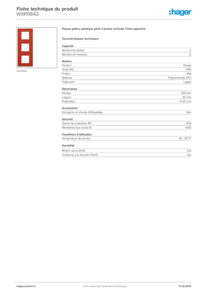 Image Hager Fiche technique du produit WXP0643 | Hager Afrique