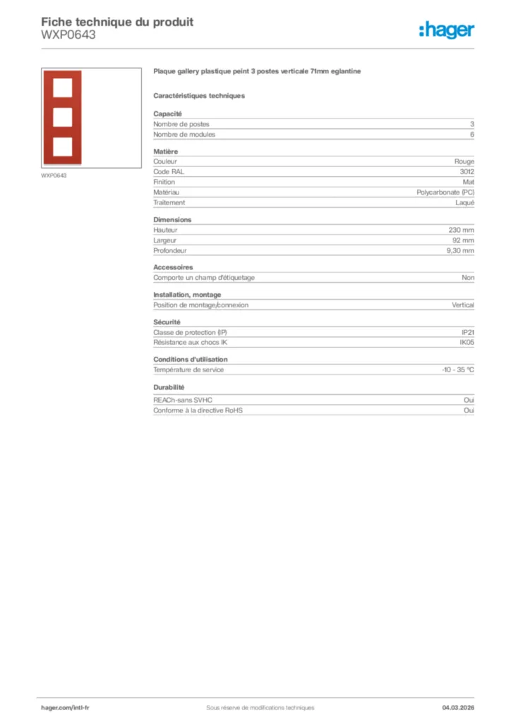 Image Hager Fiche technique du produit WXP0643 | Hager Afrique