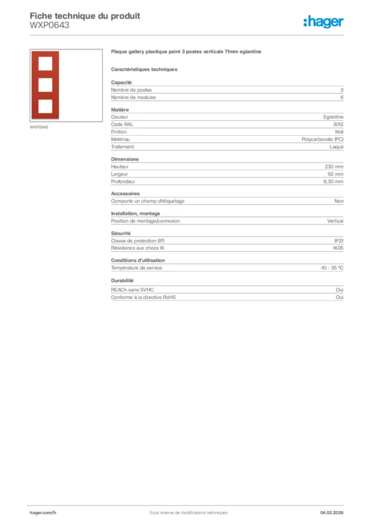 Image Hager Fiche technique du produit WXP0643 | Hager France