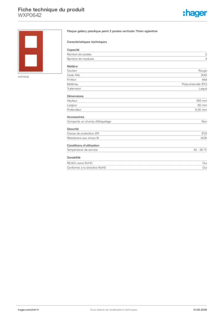 Image Hager Fiche technique du produit WXP0642 | Hager Afrique