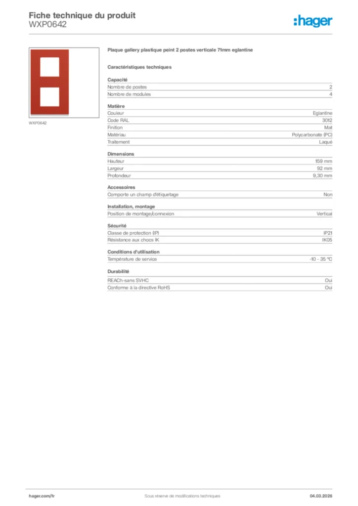 Image Hager Fiche technique du produit WXP0642 | Hager France