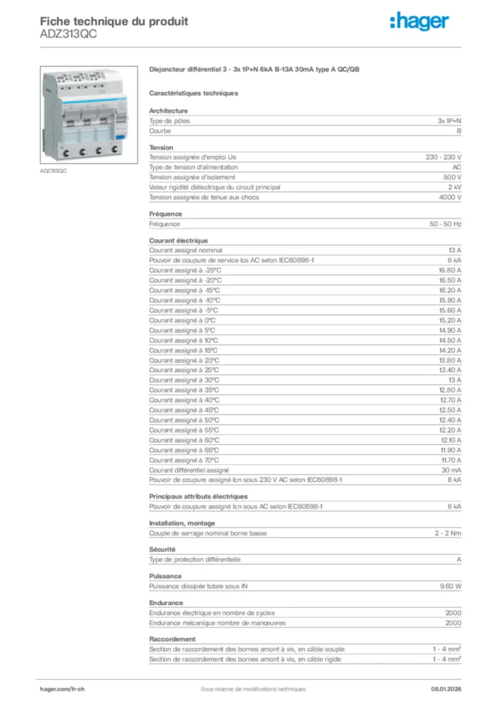 Image Hager Fiche technique du produit ADZ313QC | Hager Suisse