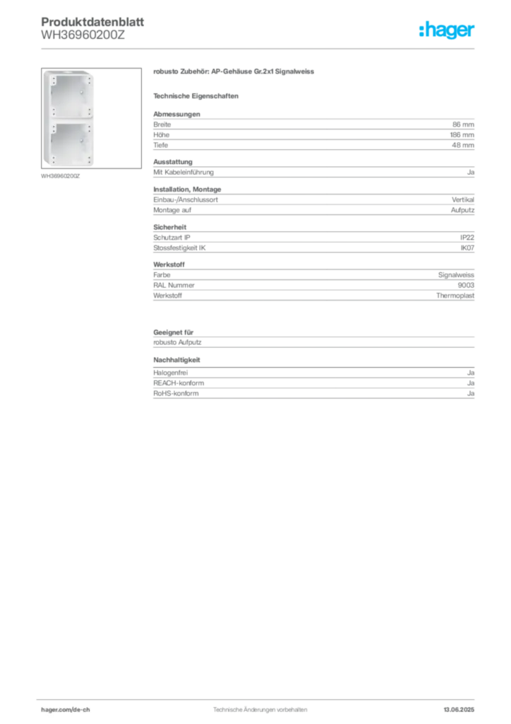 Bild Hager Produktdatenblatt WH36960200Z | Hager Schweiz