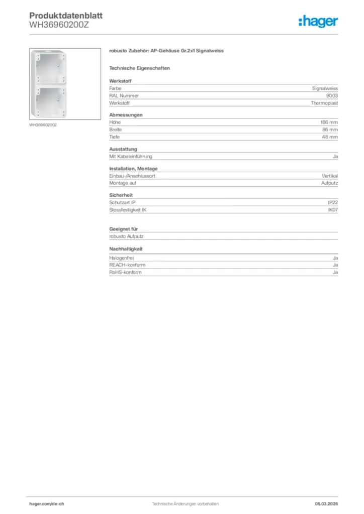 Bild Hager Produktdatenblatt WH36960200Z | Hager Schweiz